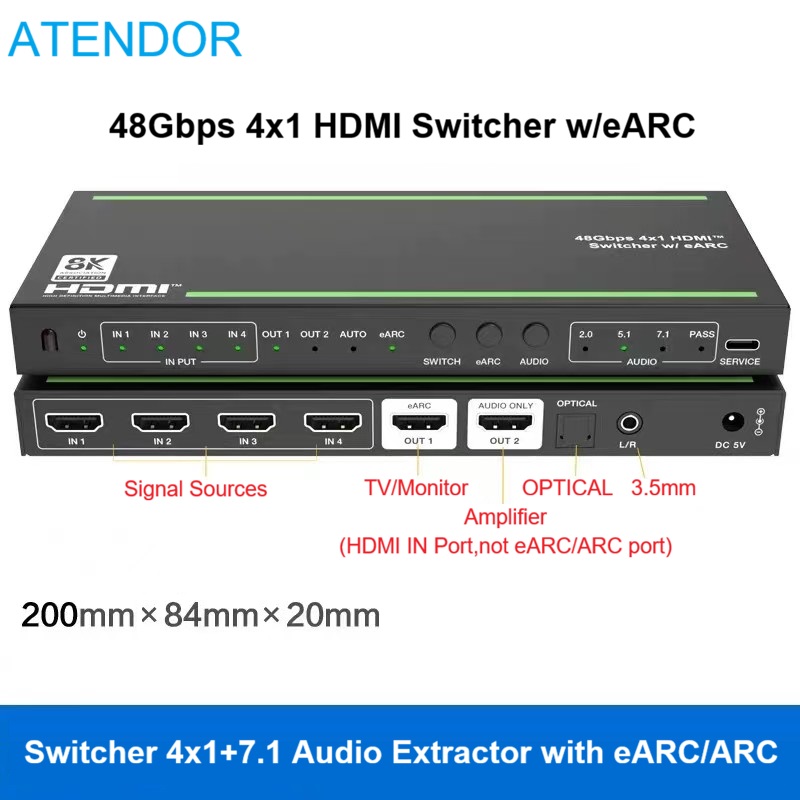 Hdmi Audio Extractor Earc 7.1 - HDMI2.1 Switcher 4x1 7.1 Audio Extractor