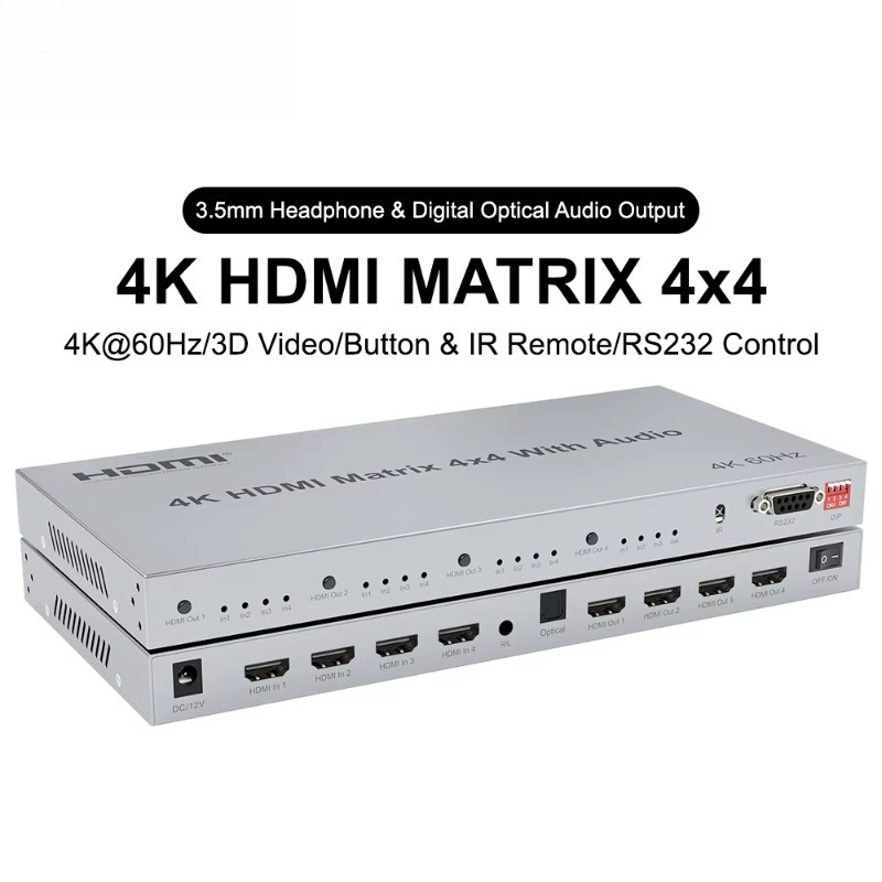 Hdmi Matrix Switch 4X4 4K 60Hz - 4x4 HDMI-matrix met RS232, voor naadloze